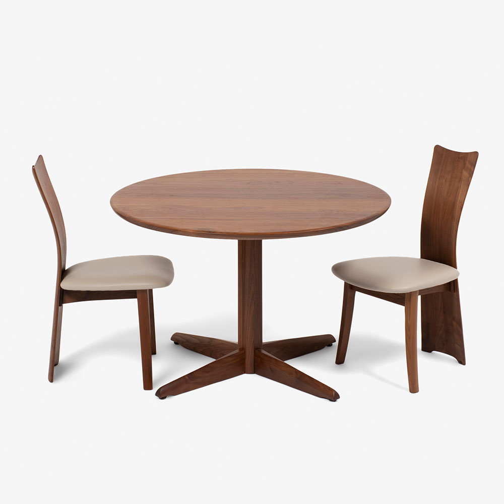 ダイニングセット「フォルム」ウォールナット材 幅110cm丸テーブル 塗装2タイプ チェア座面:合成皮革L-2444