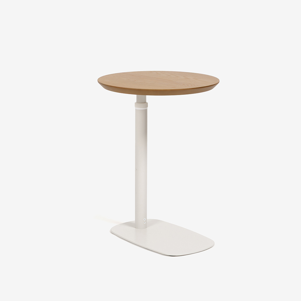 昇降式サイドテーブル(丸)「koko ココ」幅41cm 天板 オーク材 脚 ホワイト色【受注生産品】
