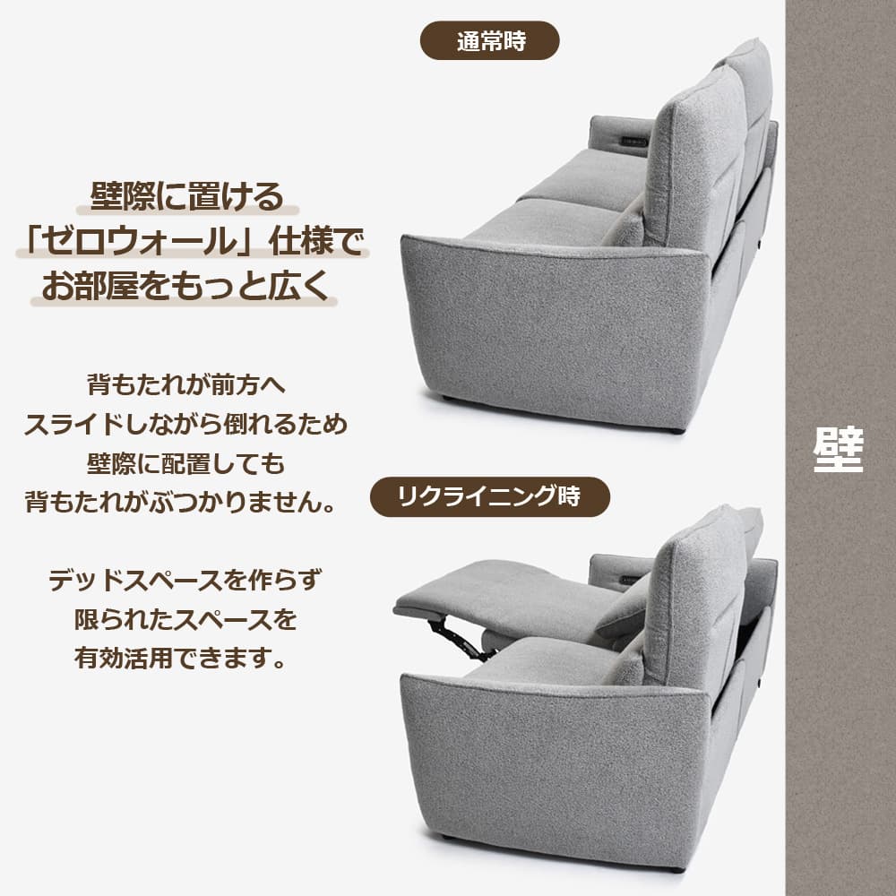 電動リクライニングソファ2点セット「ルッカ SD-524B(1モーター)」幅192cm 布#CP430-3 グレー色【お手入れキットの特典付き】
