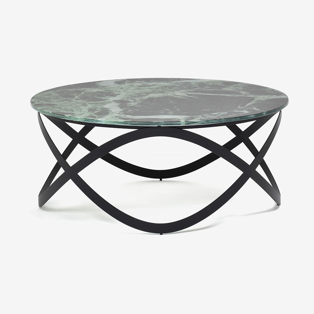 センターテーブル「CANDY K900」円形 直径80cm ガラス天板：グリーン大理石柄 / スチール脚：ブラック色