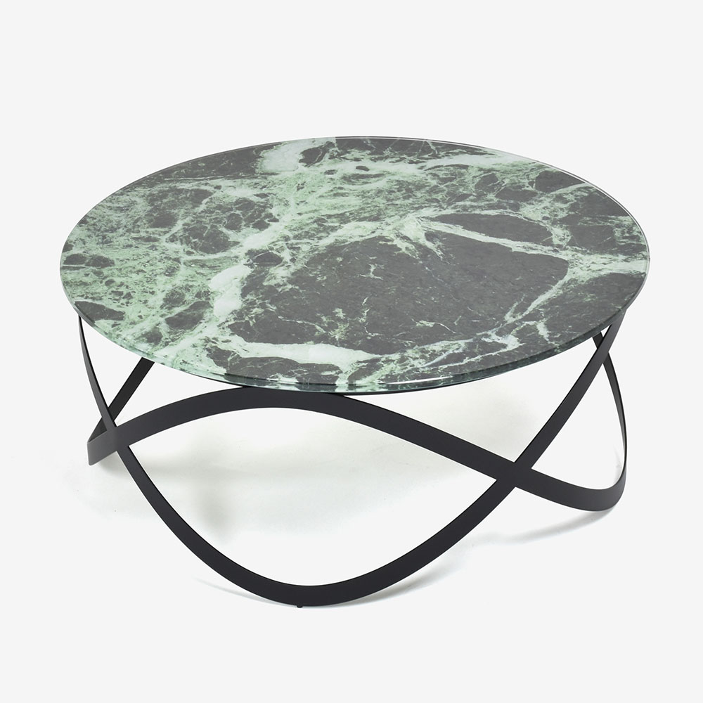 センターテーブル「CANDY K900」円形 直径80cm ガラス天板：グリーン大理石柄 / スチール脚：ブラック色