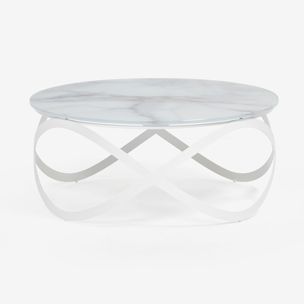 センターテーブル「CANDY K900」円形 直径80cm ガラス天板：ホワイト大理石柄 / スチール脚：ホワイト色