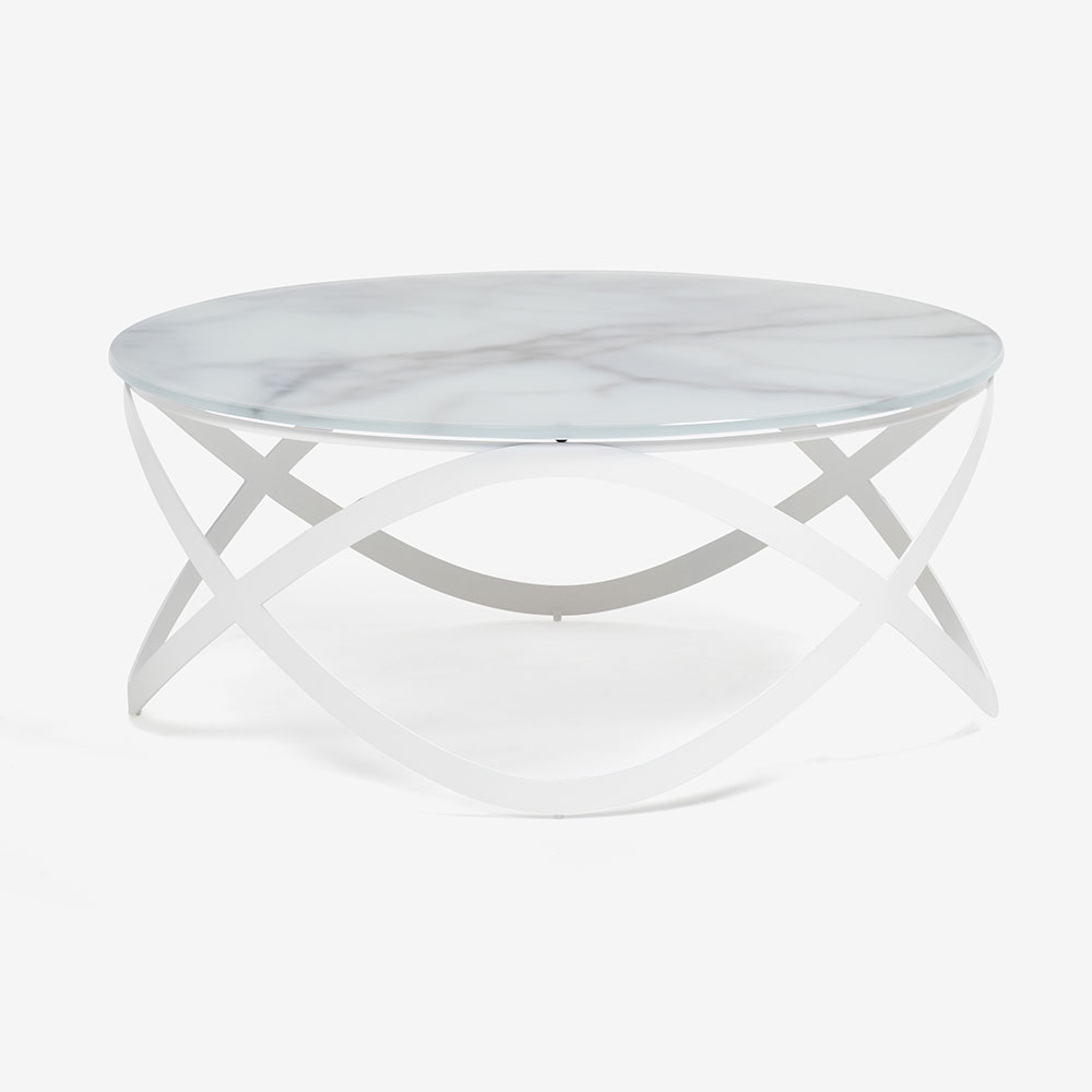 センターテーブル「CANDY K900」円形 直径80cm ガラス天板：ホワイト大理石柄 / スチール脚：ホワイト色