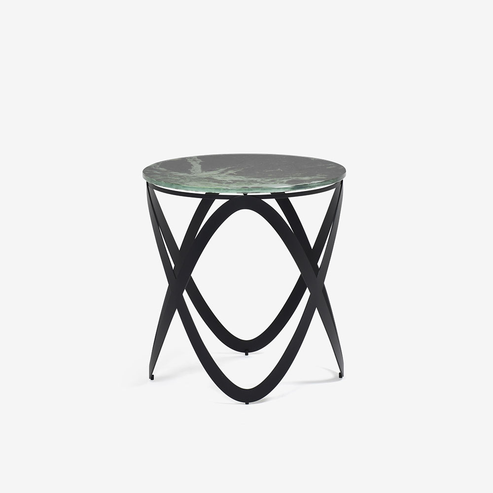 サイドテーブル「CANDY K900」円形 直径45cm ガラス天板：グリーン大理石柄 / スチール脚：ブラック色