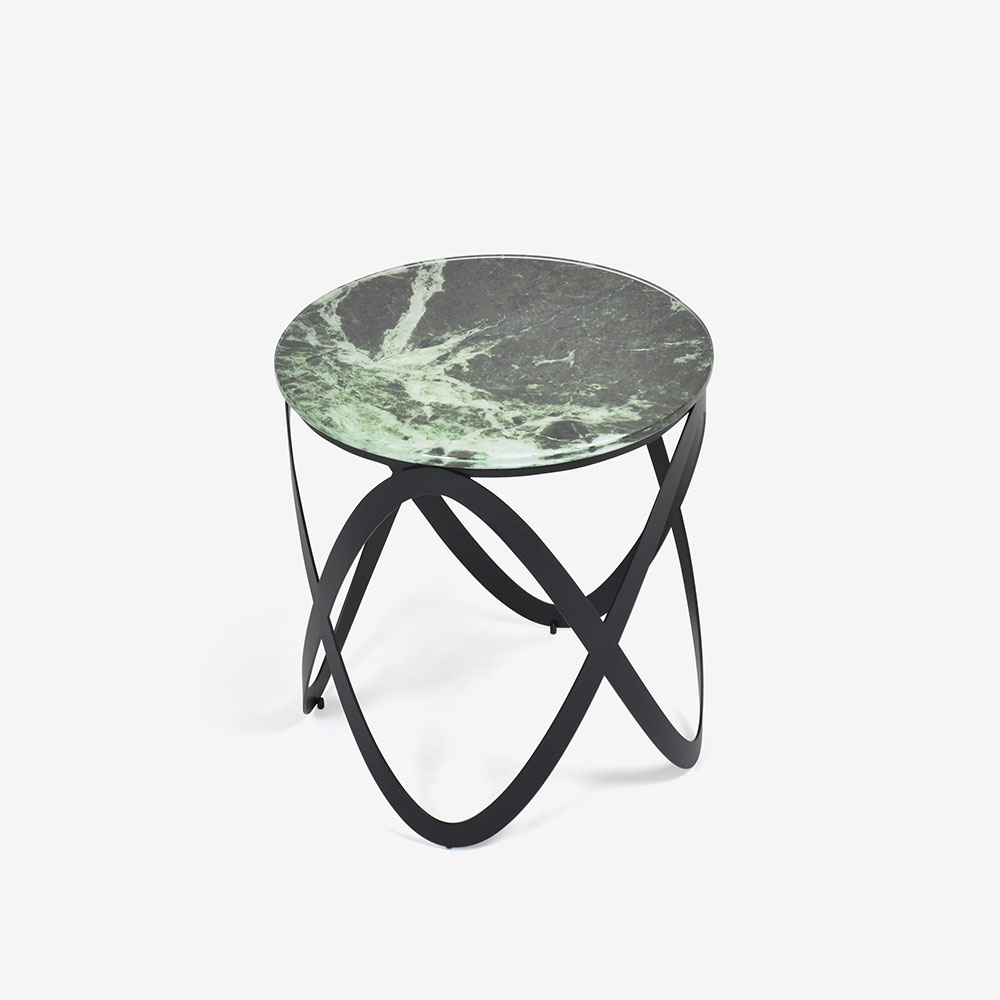 サイドテーブル「CANDY K900」円形 直径45cm ガラス天板：グリーン大理石柄 / スチール脚：ブラック色