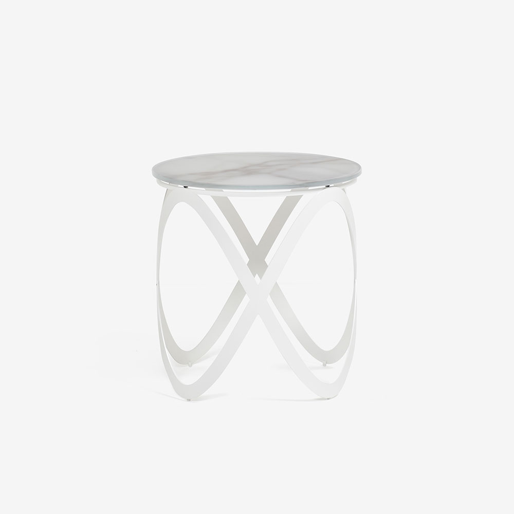 サイドテーブル「CANDYK900」円形 直径45cm ガラス天板：ホワイト大理石柄 / スチール脚：ホワイト色