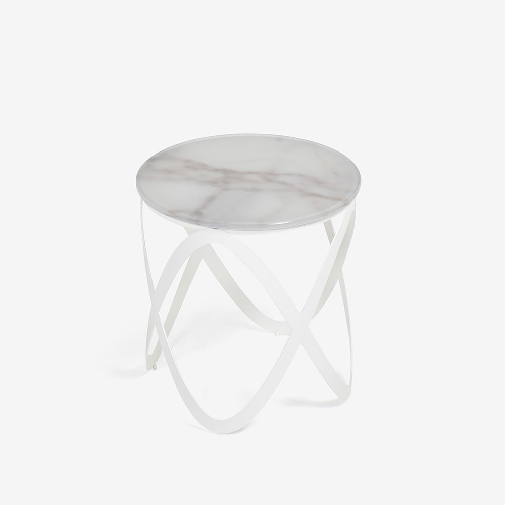 サイドテーブル「CANDYK900」円形 直径45cm ガラス天板：ホワイト大理石柄 / スチール脚：ホワイト色