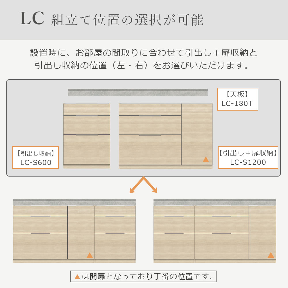Pamouna(パモウナ)ユニットカウンター「LC-S1200・S600・180T」幅180cm 奥行46cm 高さ92.7cm 引出し+扉収納(扉:向かって右) 引出し収納 下台全4色 天板全2色