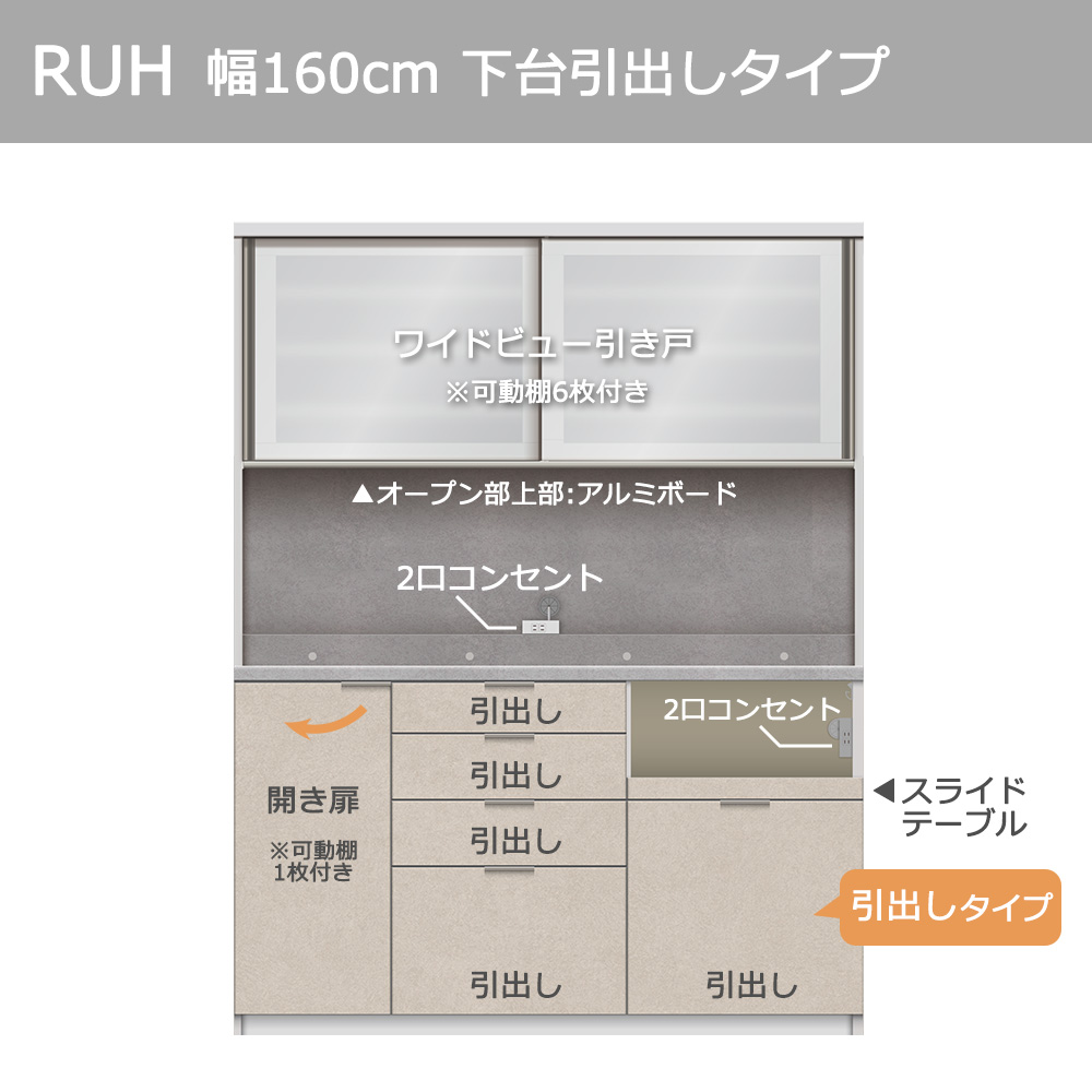Pamouna(パモウナ)オープンボード「RUH-S1600R・1600R」幅160cm 高さ206.5cm 奥行2サイズ(44.5cm・50cm)下台引出しタイプ 全4色