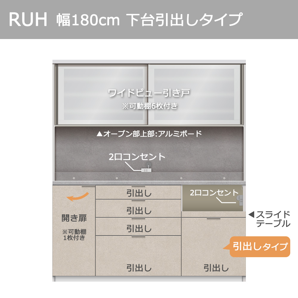 Pamouna(パモウナ)オープンボード「RUH-S1800R・1800R」幅180cm 高さ206.5cm 奥行2サイズ(44.5cm・50cm)下台引出しタイプ 全4色