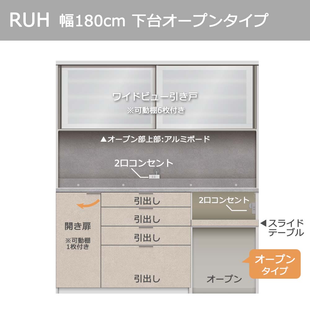 Pamouna(パモウナ)オープンボード「RUH-S1802R・1802R」幅180cm 高さ206.5cm 奥行2サイズ(44.5cm・50cm)下台オープンタイプ 全4色