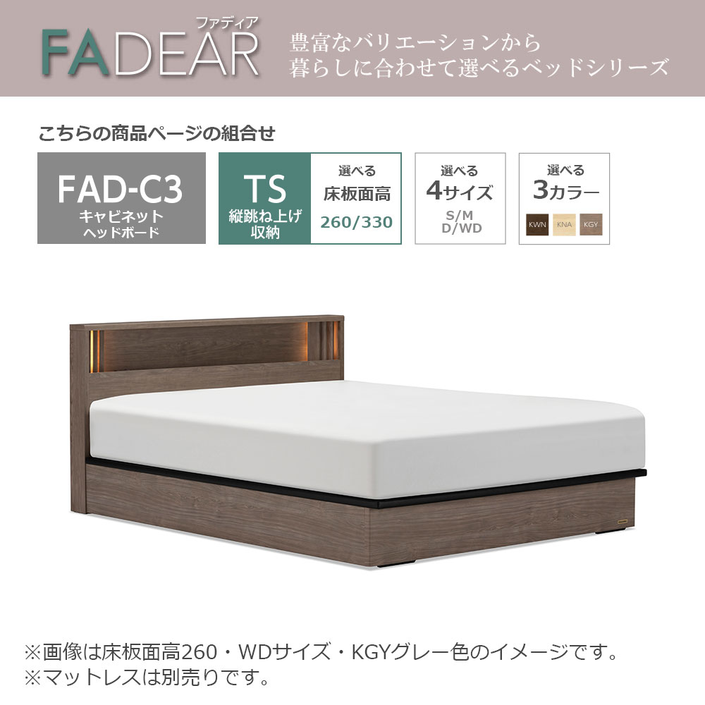 FranceBed（フランスベッド）ベッドフレーム「ファディア FAD-C3 TS」コンセント付き 縦跳ね上げ収納（ 床板面高2タイプ）全4サイズ 全3色