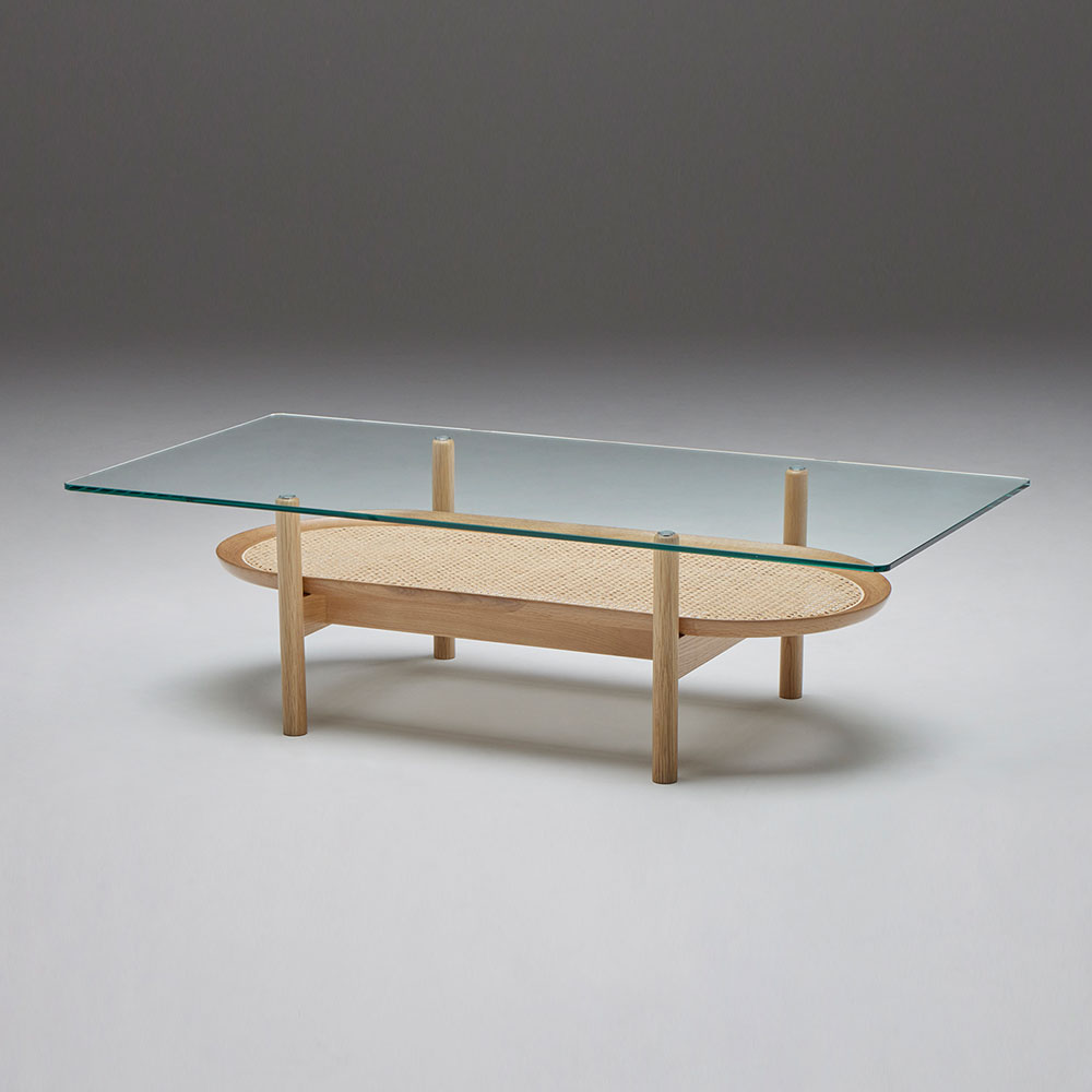 秋田木工 センターテーブル「AT-3」幅130cm ガラス天板 フレーム：ナラ材・籐【受注生産品】