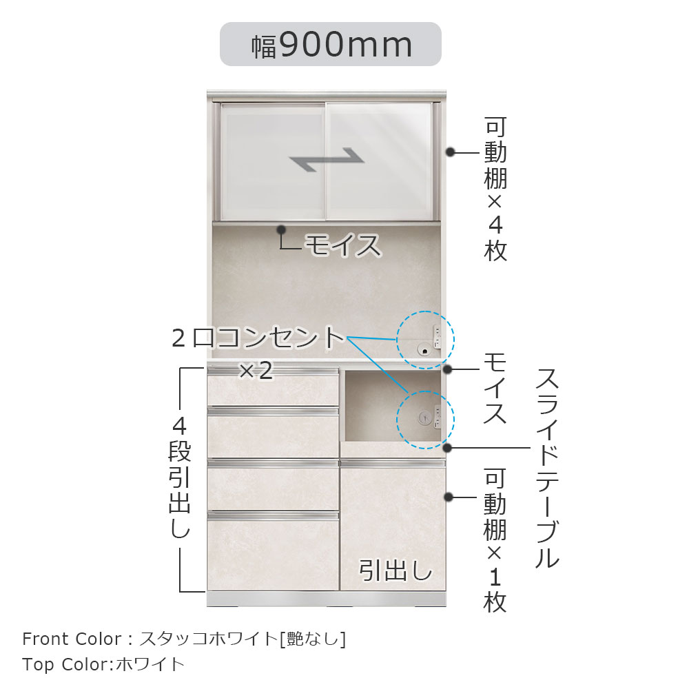 AYANO（綾野製作所）オープンボード「アンジュール」奥行50cm 高さ194cm JW 前板：スタッコホワイト 幅全5サイズ 家電収納の位置（左・右）