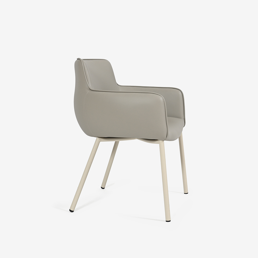 ダイニングチェア（肘付き）「デリス」合成皮革ライトグレー色/脚アイボリー色