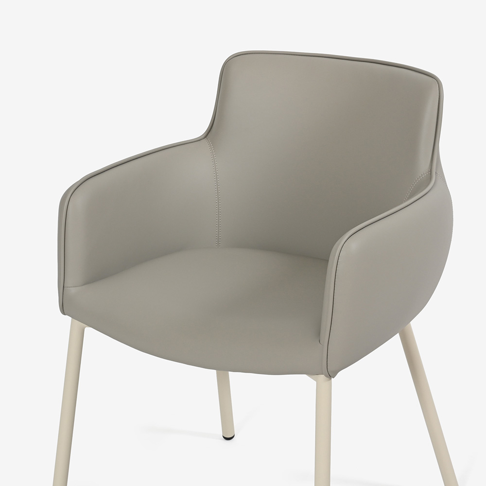 ダイニングチェア（肘付き）「デリス」合成皮革ライトグレー色/脚アイボリー色