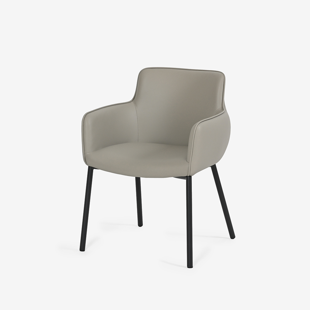 ダイニングチェア（肘付き）「デリス」合成皮革ライトグレー色/脚ブラック色