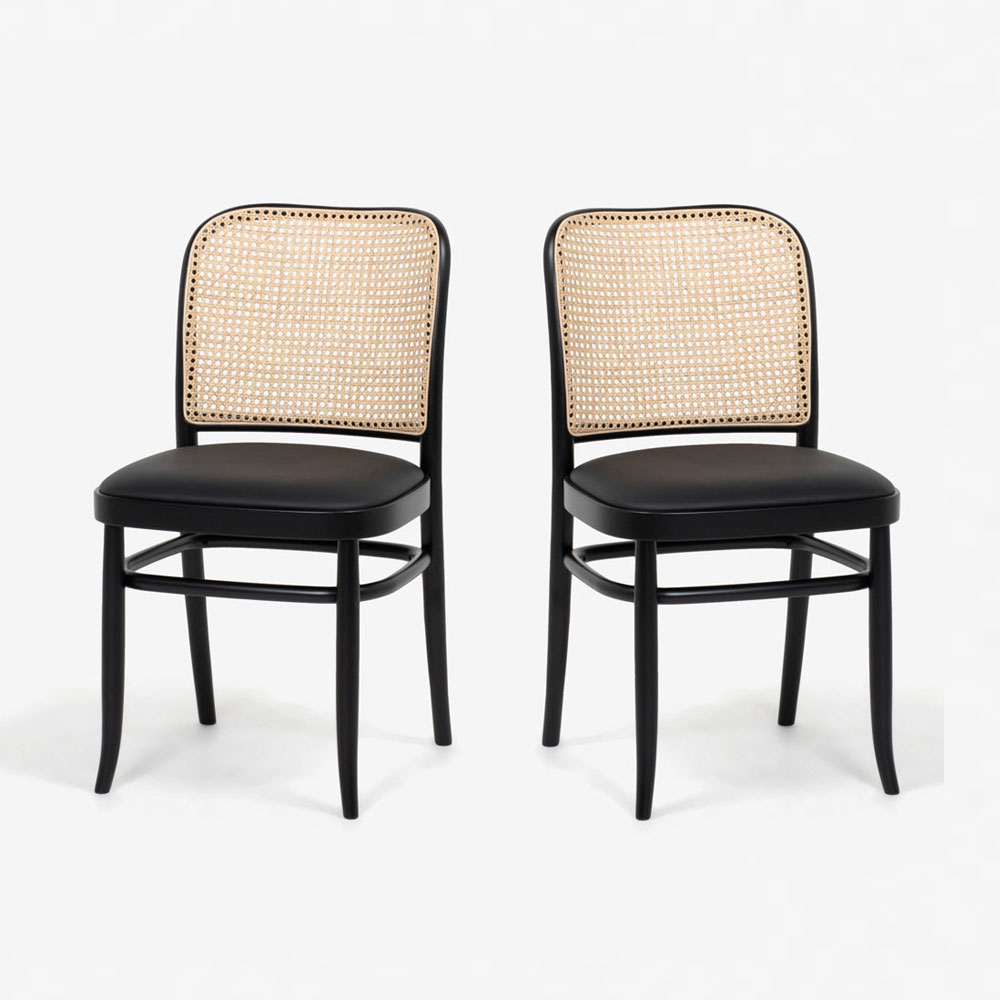 秋田木工 ダイニングチェア「712-RU」ブナ材ブラック色(艶消し) 張地 PVCブラック色 背もたれ 籐張り【2脚セット】【セール対象品のため10%OFF】