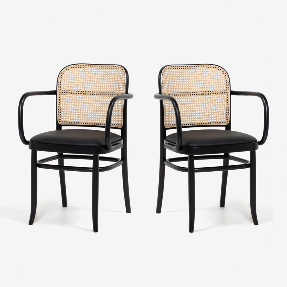 秋田木工 ダイニングチェア(肘付き)「712A-RU」ブナ材ブラック色(艶消し) 張地#PVCブラック色 背もたれ 籐張り【2脚セット】【セール対象品のため10%OFF】