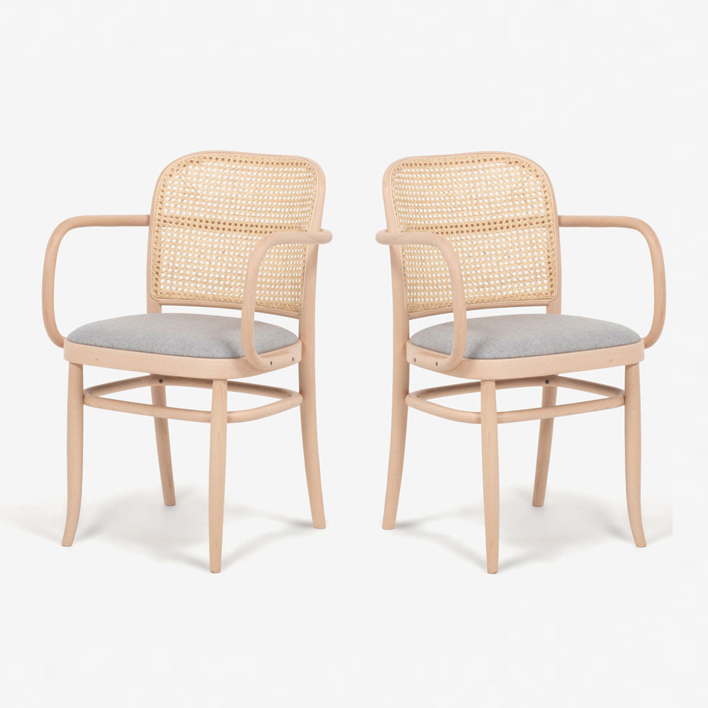 秋田木工 ダイニングチェア(肘付き)「712A-RU」ブナ材 白木塗装色/張地 布#A-16/背もたれ 籐張り【2脚セット】【セール対象品のため10%OFF】