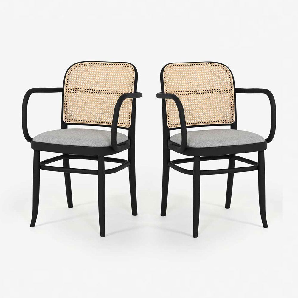 秋田木工 ダイニングチェア(肘付き)「712A-RU」ブナ材 WLBK色/張地 布#リミックス0123/背もたれ 籐張り【2脚セット】【セール対象品のため10%OFF】