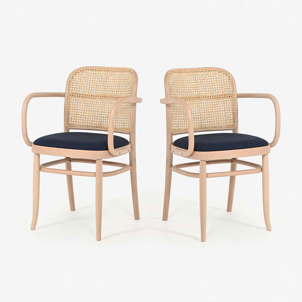 秋田木工 ダイニングチェア(肘付き)「712A-RU」ブナ材白木塗装 張地 布#スチールカットトリオ0796 背もたれ 籐張り【2脚セット】【セール対象品のため10%OFF】