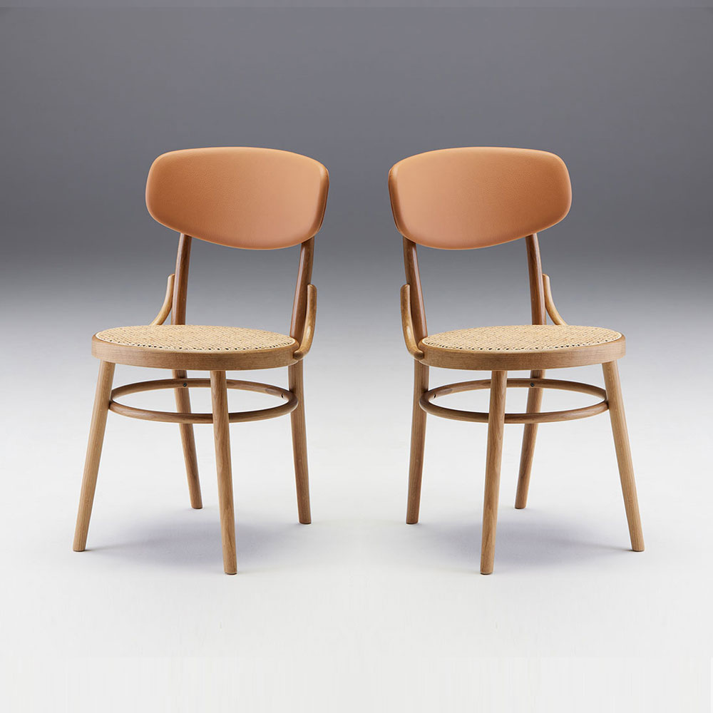 秋田木工 ダイニングチェア「AC-2」 ナラ材ホワイトオーク色(艶消し)座面 籐張り 背もたれ 革ライトブラウン色【受注生産品】【2脚セット】【セール対象品のため10%OFF】