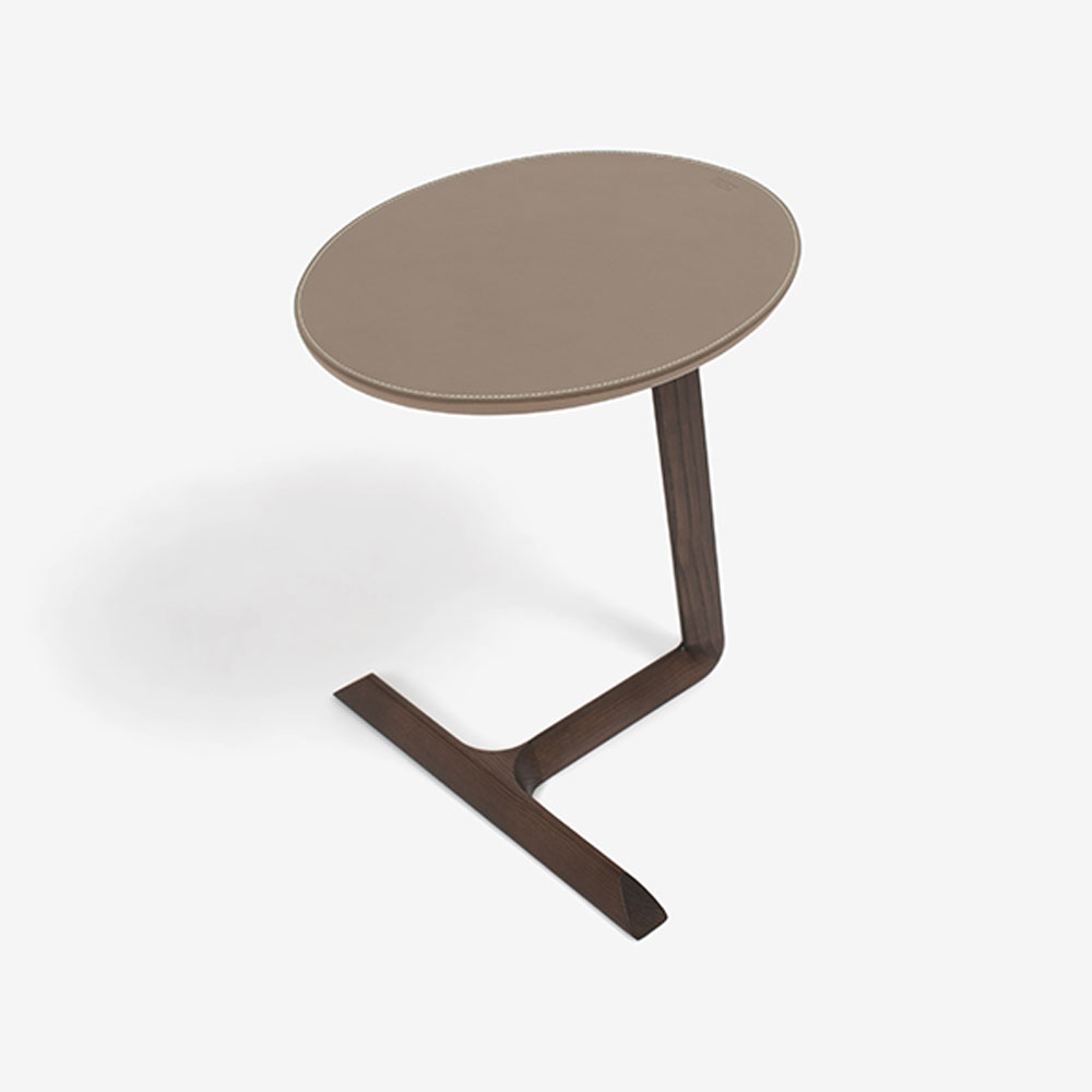 PoltronaFrau（ポルトローナ・フラウ）サイドテーブル楕円形「Fidelio フィデリオ」 アッシュ材モカ色 革トープ色