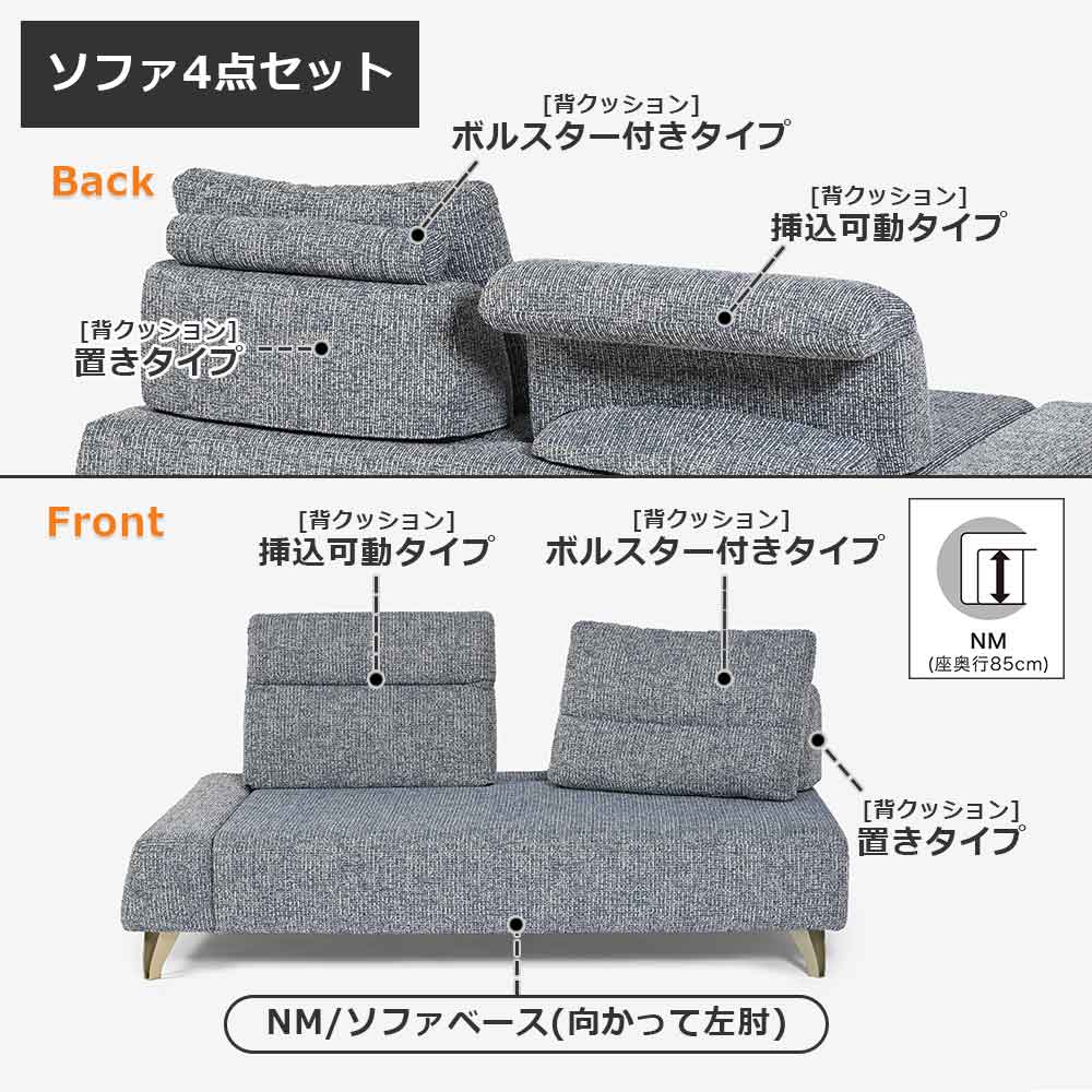ソファ4点セット 「ミラージュNM」ソファベース向って左肘 カバーリング仕様 張地#布B MNR81 ブルー色 金属脚【受注生産品】