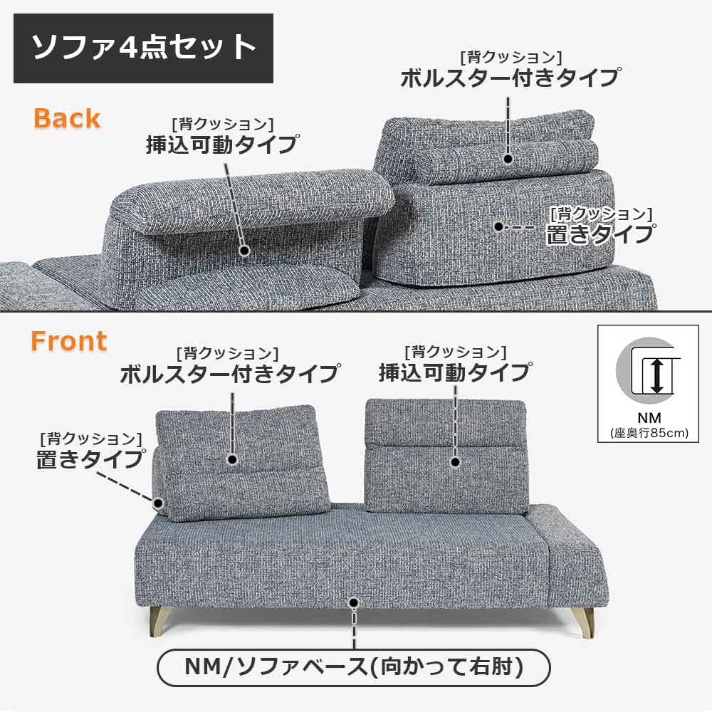 ソファ4点セット 「ミラージュNM」ソファベース向って右肘 カバーリング仕様 張地#布B MNR81 ブルー色 金属脚【受注生産品】