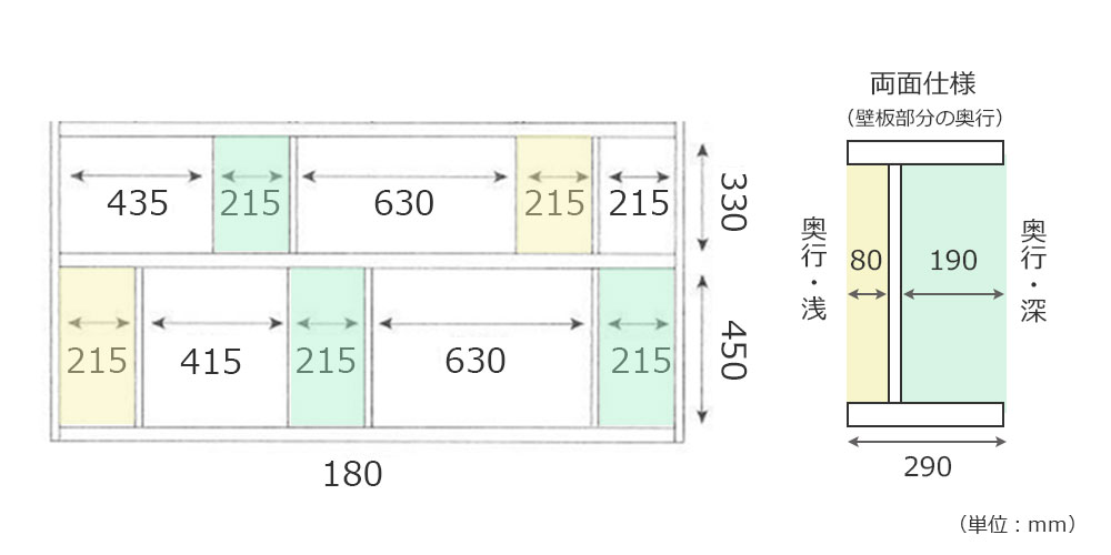 ローナ シェルフ180ロータイプの内寸詳細図