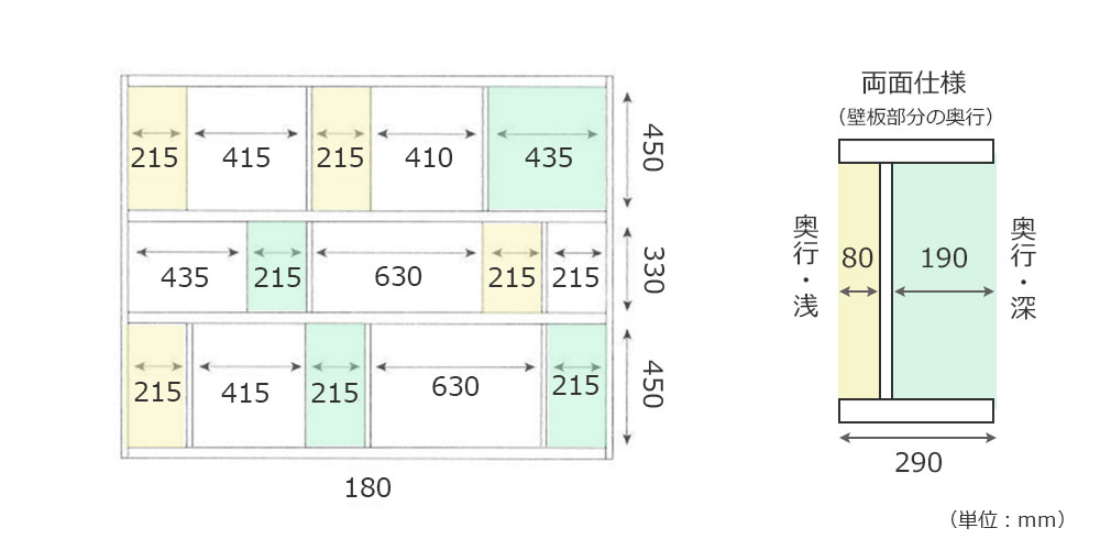 ローナ シェルフ180ハイタイプの内寸詳細図