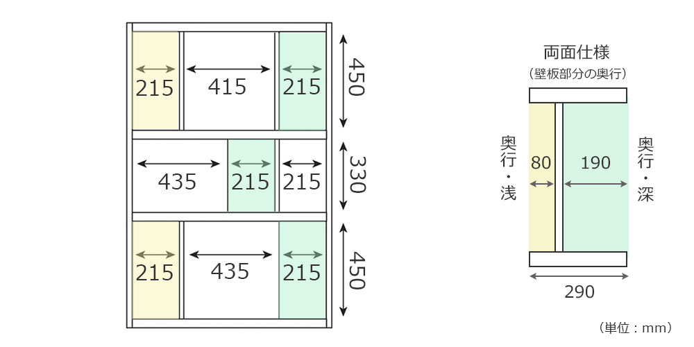 ローナ シェルフ90ハイタイプの内寸詳細図