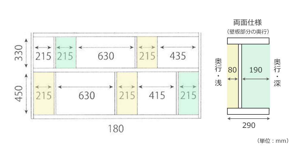 ローナ シェルフ180ロータイプの内寸詳細図