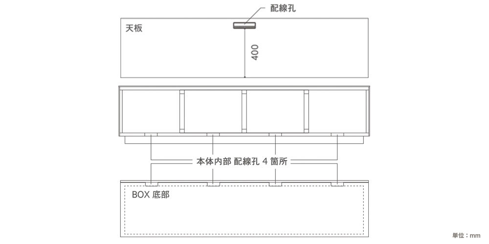 テレビボードプレスモの配線孔図