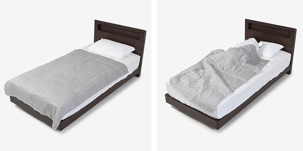 【使用イメージ】左：シングルベッドに［115ｘ160サイズ］が掛かっている・右：シングルベッドに女性が［115ｘ160サイズ］を掛けて横たわっている