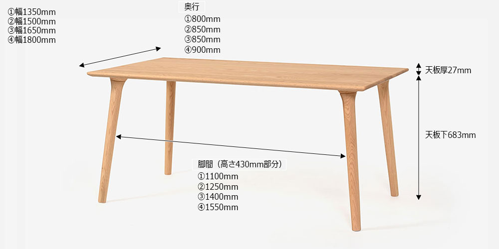 ダイニングテーブル「フィルプラス」4本脚タイプのサイズ