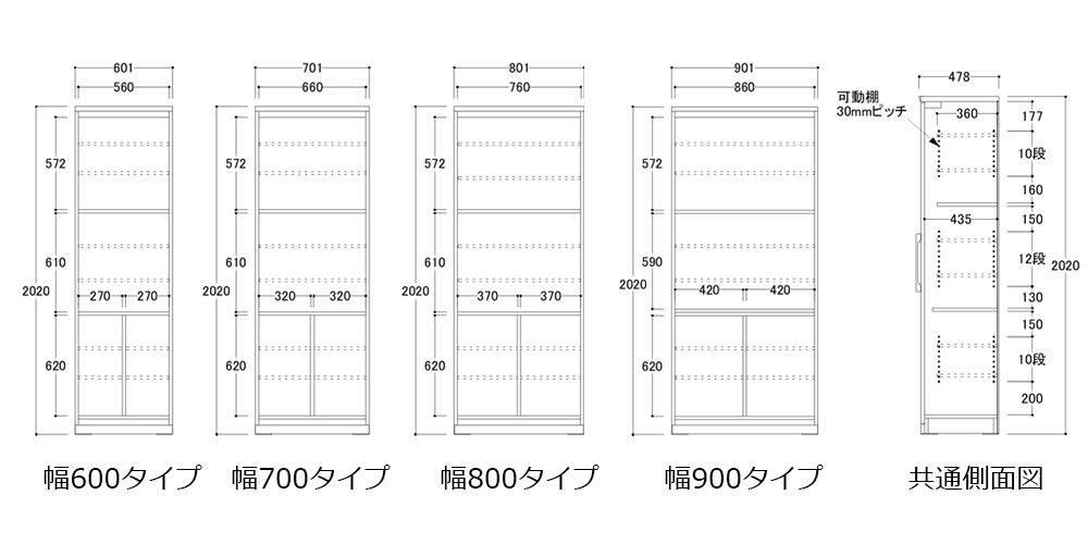 引き戸キャビネット「エヴァンティ」の寸法図