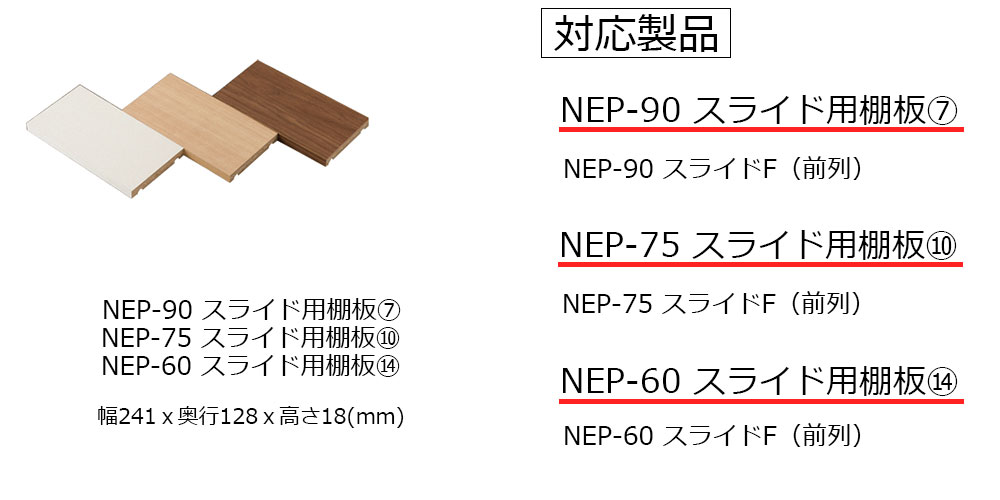 棚板128mm NEP-90スライド用【7】、NEP-75スライド用【10】、NEP-60スライド用【14】