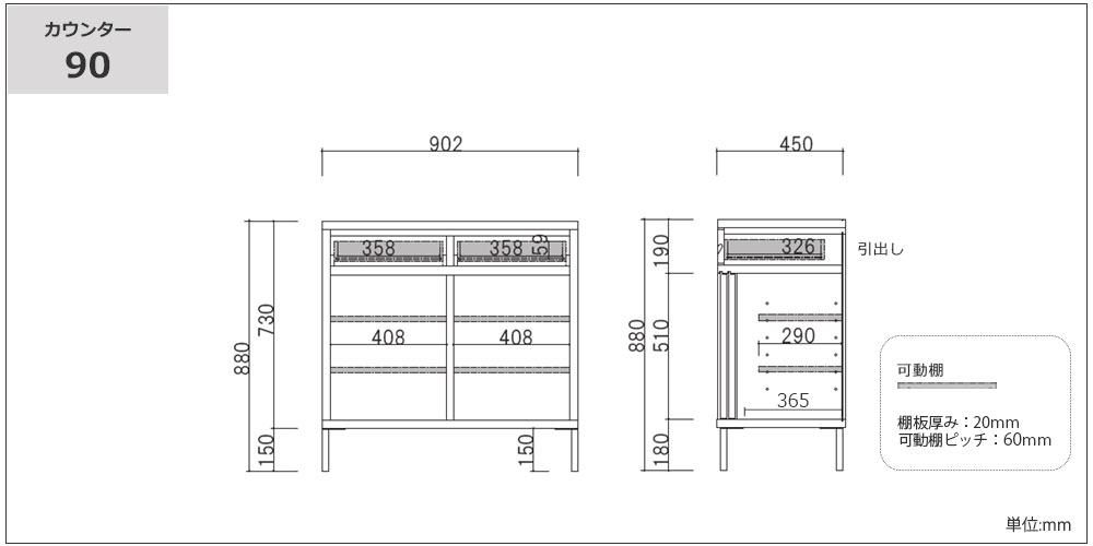 サイズ詳細 カウンター90