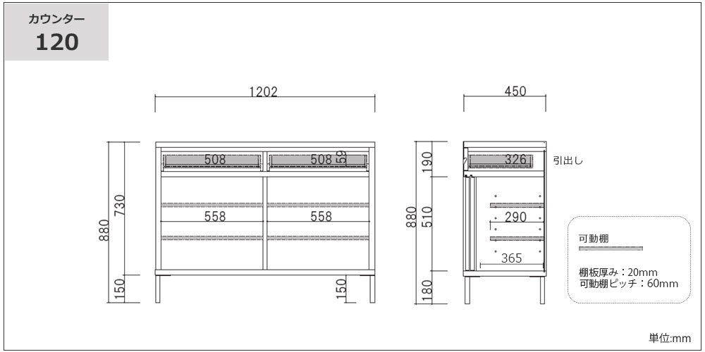 サイズ詳細 カウンター120