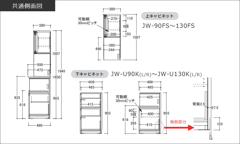 寸法図：共通側面図