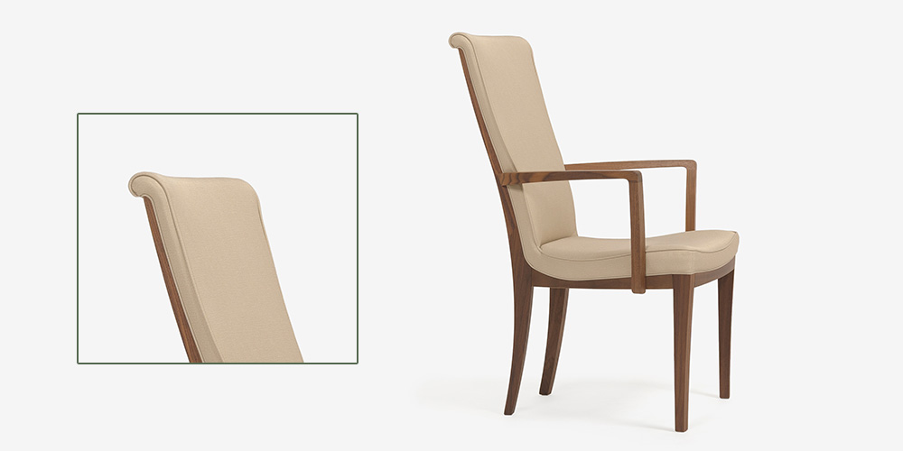 ダイニングチェア（アーム付き）「C3085AYRG」トップを巻き込んだ高級感のある背もたれ