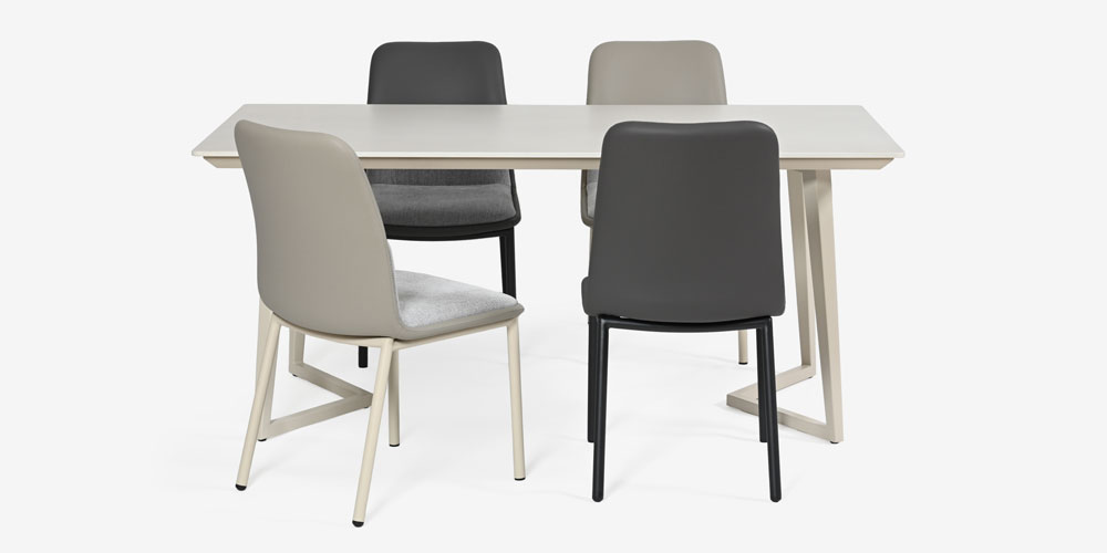 【コーディネート画像】ダイニングテーブル「グレイス165DT」幅165cm、ダイニングチェア「カロル」布ダークグレー/合成皮革ブラック色、ダイニングチェア「カロル」布ダークグレー/合成皮革アイボリー色