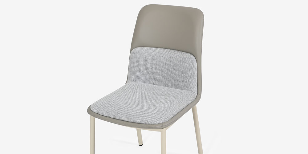 【座面アップ画像】ダイニングチェア「カロル」布ライトグレー色 合成皮革アイボリー色