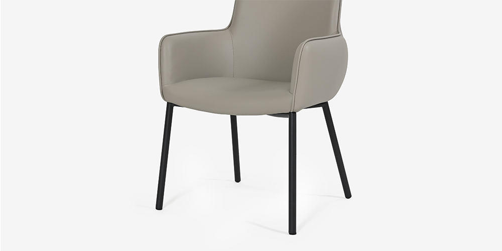 【脚・座面アップ画像】ダイニングチェア「デリス」合成皮革ライトグレー色/ブラック色