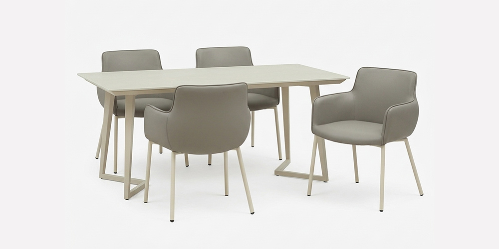 ダイニングテーブル（180DT）とチェア（合成皮革ライトグレー色/脚アイボリー色）のイメージ画像