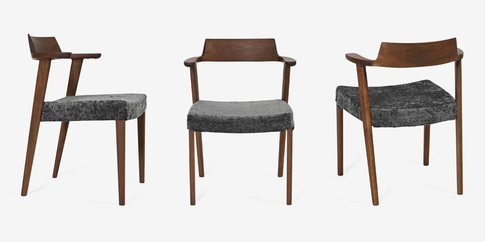 デザインと機能性を両立させたハーフアームのダイニングチェア「シャルダン」　横・正面・バックのカット