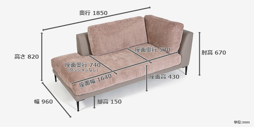 コーナーカウチソファ「メダ」サイズ詳細