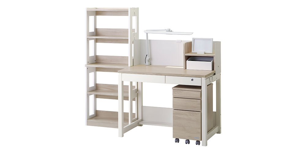 【組み合わせ例】シェルフR-KSD23CW+デスクKSD-26CW+ワゴンKSDC-24CW+デスクライトTS-A19WH